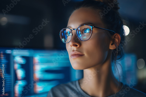 Young woman wearing glasses looks thoughtfully at a computer screen displaying code in a dimly lit tech environment