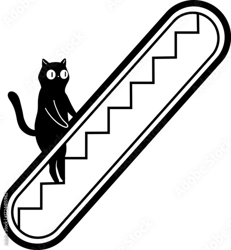 Black cat on a black and white escalator