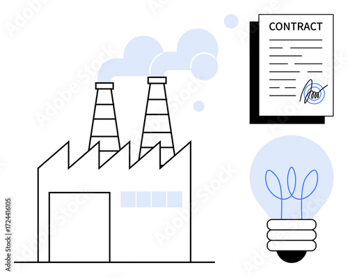 Factory emitting smoke, signed contract, and glowing lightbulb symbolizing industry, innovation, agreements, energy, business deals, efficiency and sustainability. Ideal for manufacturing