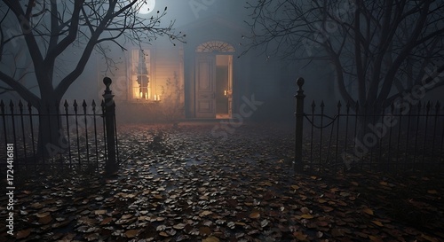 Fogshrouded haunted house with broken windows guarded by a black wrought iron fence and scattered with leaves