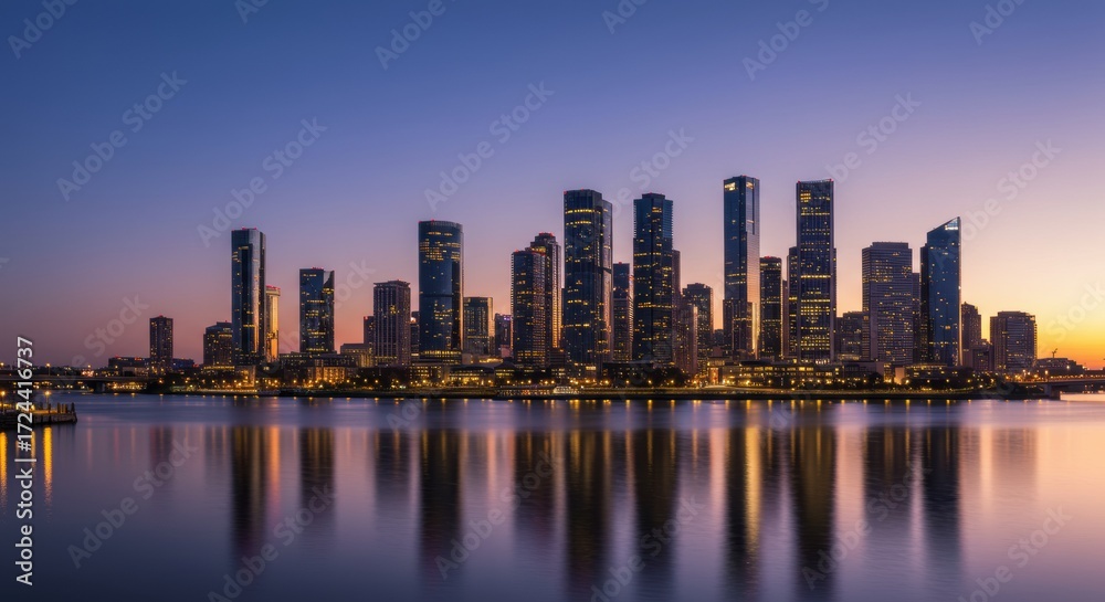 Fototapeta premium Panoramic City Skyline with Riverfront and Skyscrapers at Sunset