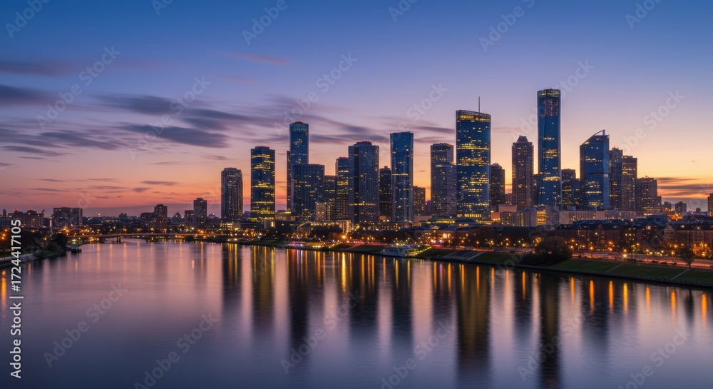 Fototapeta premium Panoramic City Skyline with Riverfront and Skyscrapers at Sunset