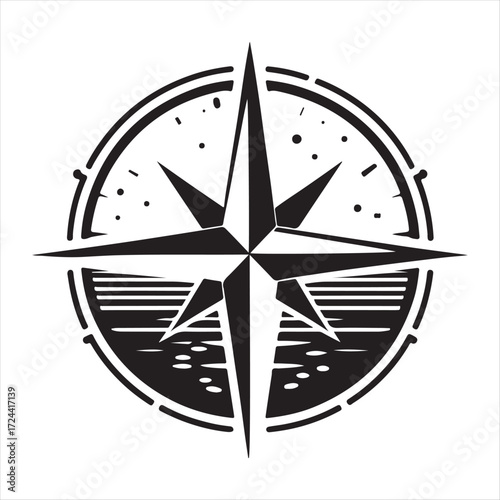 Compass rose with footsteps leading into horizon vector silhouette outline logo design concept illustration