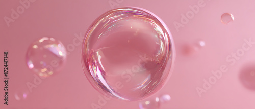 Transparent soap bubbles floating against a soft pink background, showcasing delicate reflections and light refracting through their fragile surfaces