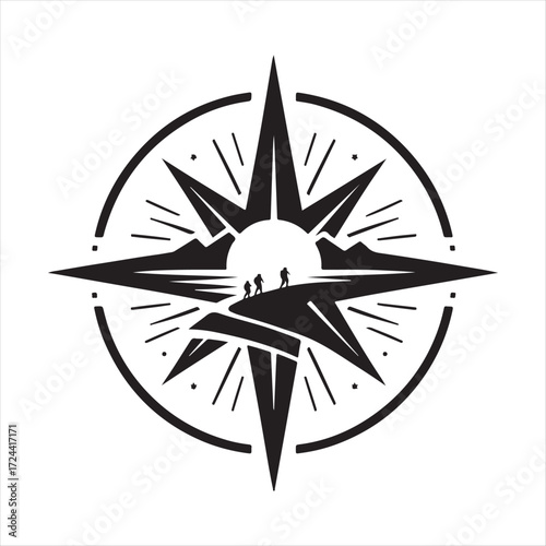 Compass rose with footsteps leading into horizon vector silhouette outline logo design concept illustration