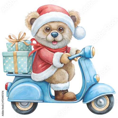 Cute chubby bear with Santa costume and sunglasses Drive a Vespa and deliver a gift clipart watercolor white background
