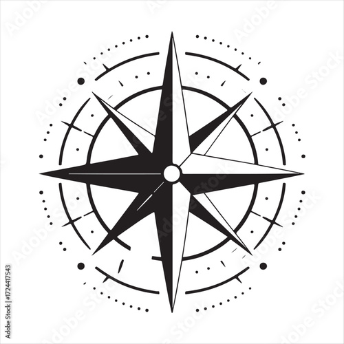 Compass rose with footsteps leading into horizon vector silhouette outline logo design concept illustration