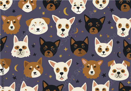 Cute Dog Faces Pattern on Purple Background.