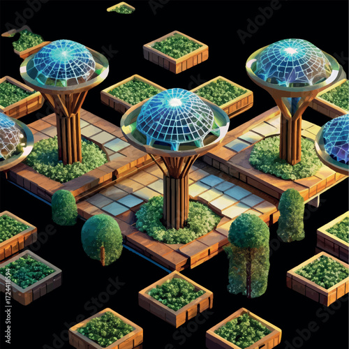 Eco-futuristic Garden: An innovative garden showcases solar panel canopy in a captivating illustration, blending advanced technology with natural design.