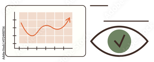 Rising line graph on grid axis signifies data growth and analysis while checked eye symbolizes review, approval, and insight. Ideal for business progression, research, evaluation, report