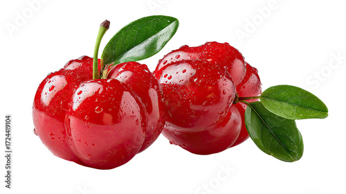 Vibrant Acerola Cherries: Captured in sharp detail, two juicy acerola cherries boast a bright red hue, accentuated by delicate water droplets and fresh green leaves, showcasing freshness and health.