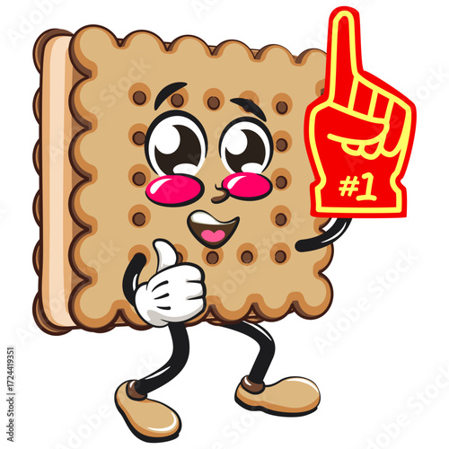 cute square biscuit sandwich mascot character vector illustration raise finger foam, work of hand drawn