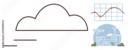 Cloud outline, flight, airport graphic, data chart showcasing aviation, travel analytics, technology interconnectivity. Ideal for transportation, travel, cloud computing data visualization digital