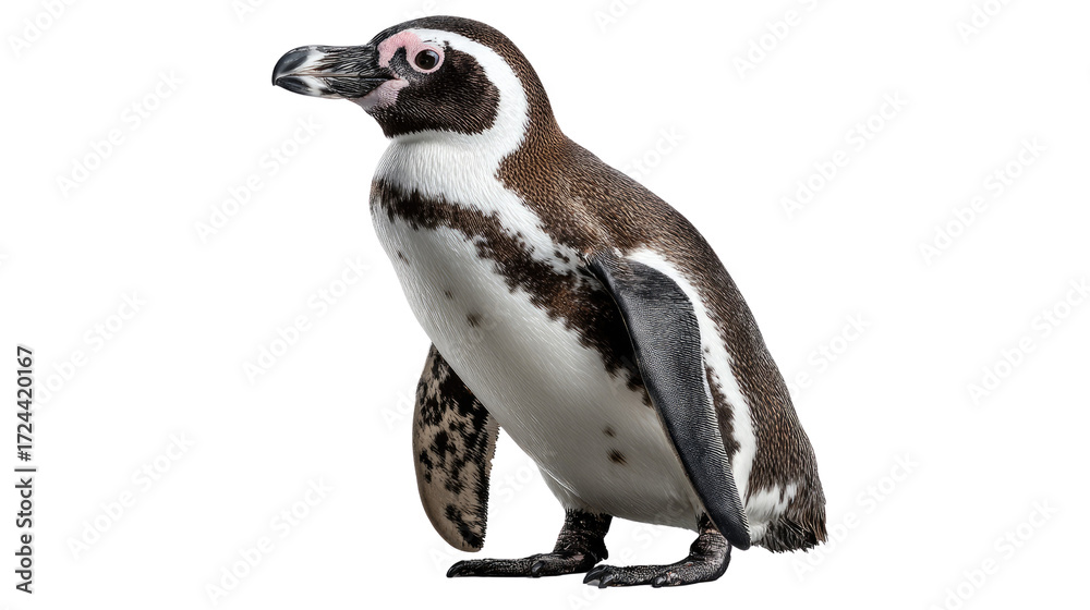 Fototapeta premium Penguin on the Lookout: A detailed capture of a Humboldt penguin, a master of its aquatic realm, captured in sharp focus and poised on a level surface.