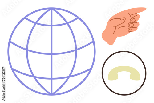 Globe representing worldwide reach, hand suggesting direction or action, and phone receiver symbolizing communication. Ideal for networking, business, outreach, connection, technology, teamwork
