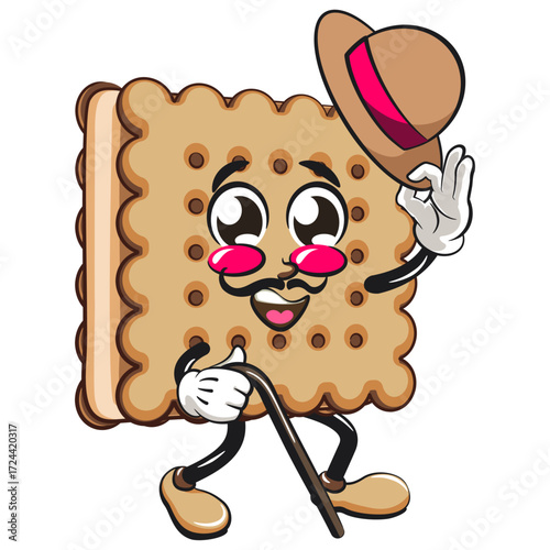 cute square biscuit sandwich mascot character vector illustration carrying a stick and saluting with raised hat, work of hand drawn