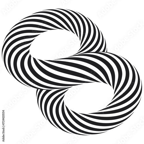 Colorful abstract optical illustion sculpture with twisting forms and alternating stripes displayed in a modern art gallery