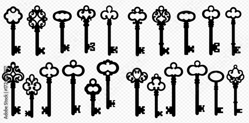 Collection of ornate antique skeleton keys, various shapes and sizes, black silhouettes.