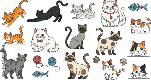 Various cartoon cats in different poses and colors with paw prints and fish bones on a white background