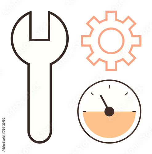 Wrench, gear, and speedometer symbolizing repair, system optimization, and performance monitoring. Ideal for concepts thumbs up maintenance, efficiency, engineering, technology service industry