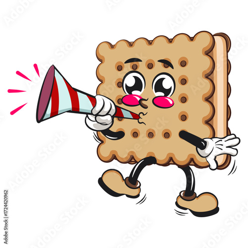 cute square biscuit sandwich mascot character vector illustration blow the party horn trumpet, work of hand drawn