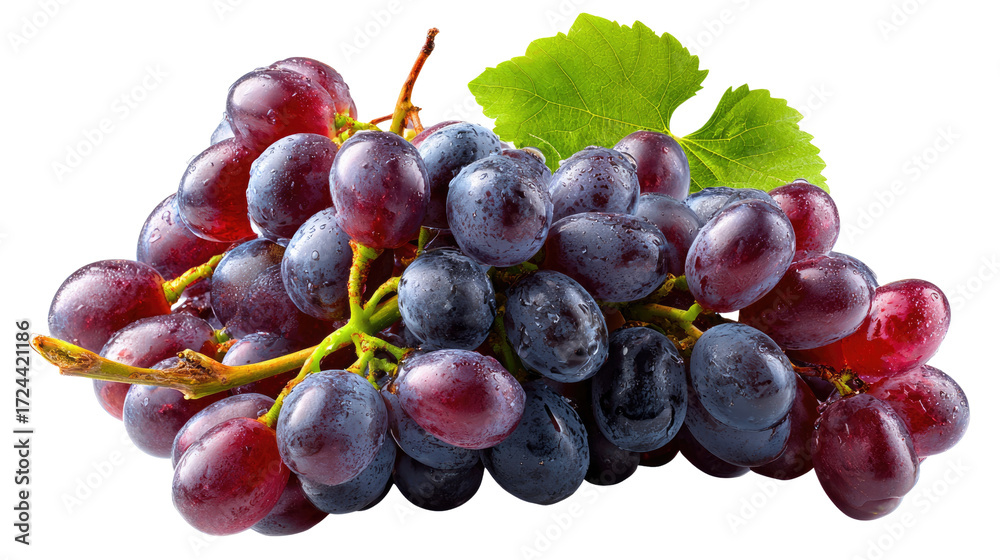Obraz premium Fresh Grapes: A cluster of ripe, juicy grapes with a vibrant green leaf, perfect for illustrating freshness and the taste of nature's bounty.