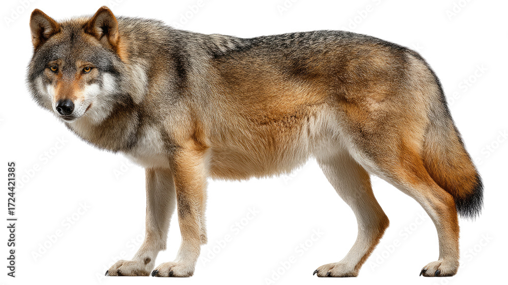 Fototapeta premium Majestic Wolf Standing Proud: A powerful and majestic wolf, captured in a striking studio shot, stands with an air of confidence, its fur radiating natural beauty.