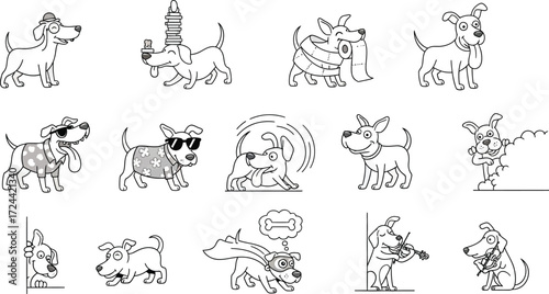 Collection of cartoon dogs in various poses and activities in black and white line art style