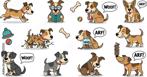 Various cartoon dogs in different poses with speech bubbles and accessories on a white background