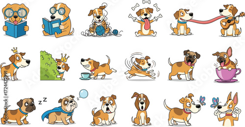 Various cartoon dogs doing different activities such as reading playing and drinking tea isolated