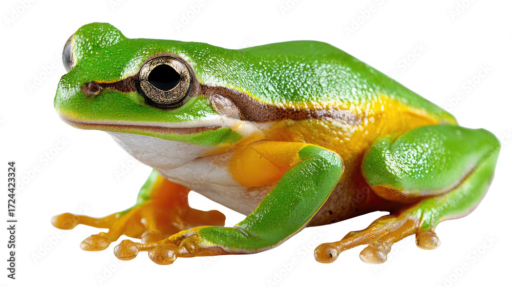 Obraz premium Green Tree Frog Portrait: A vibrant, emerald green tree frog with striking features sits in a natural pose, its skin glistening, ready to leap into a vibrant and captivating display of nature.