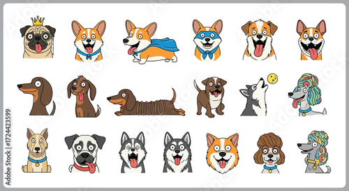 Illustration of various cartoon dogs including corgis dachshunds poodles and huskies on a white background