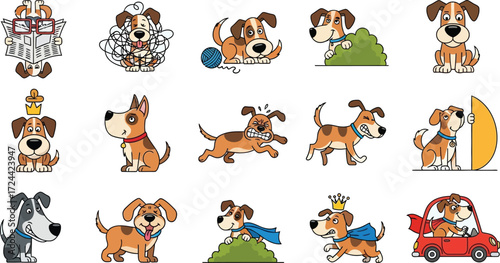 Collection of cartoon dogs in various poses and activities on a light background illustration