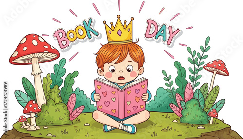 Adorable boy wearing a crown engrossed in fairy tale, perfect for children's book illustrations and educational materials for Book Day celebrations
