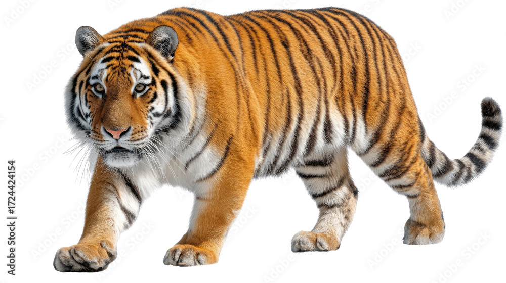 Obraz premium Majestic Tiger: A striking tiger, a symbol of power and grace, confidently strides forward. The intricate patterns of its fur and its intense gaze command attention.