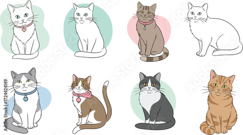 Collection of eight cartoon cats with different colors and patterns sitting on a white background