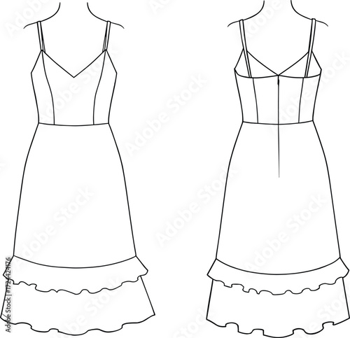 PrintFashion flat sketch, technical drawing of a women's cami midi dress with ruffles and a flared hem. Vector illustration for apparel and design.