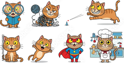 Cartoon illustration of cats in various roles and activities against a white background