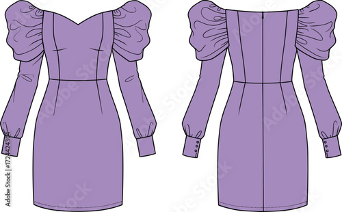 Fashion flat sketch, technical drawing of a women's off-shoulder mini dress with puff sleeves. Vector illustration for apparel and design.