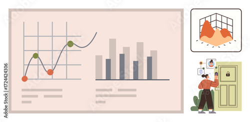 Line graph, bar chart, 3D graph with person unlocking a door using biometrics highlight security, analysis. Ideal for business, analytics, security, finance technology research education. Simple