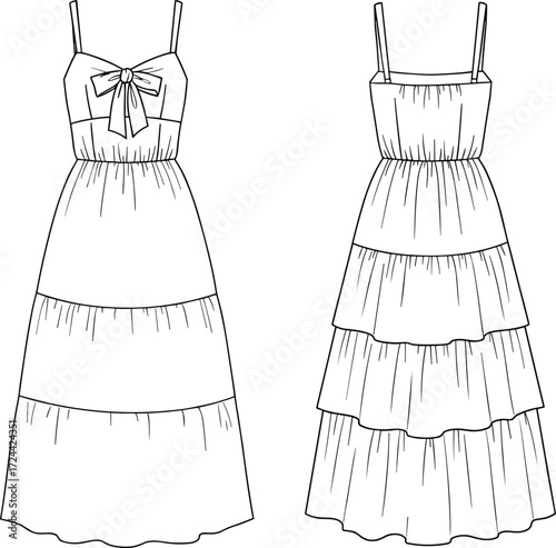 Fashion flat sketch, technical drawing of a women's tiered maxi dress with spaghetti straps and a front bow detail. Vector illustration for apparel and design.