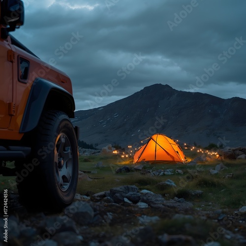 Adventure camping scene with glowing orange tent illuminated at dusk near mountain range, off road vehicle parked in foreground with string lights creating cozy travel atmosphere backdrop wallpaper