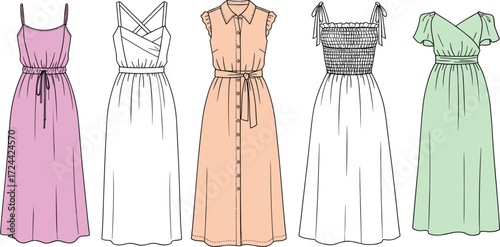 Fashion flat sketches, a collection of women's dresses including cami, shirt, and wrap styles. Vector illustration for apparel design and technical drawing.