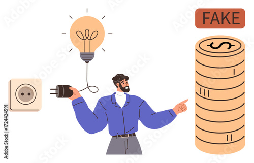 Man holding unplugged cord from outlet, glowing light bulb above, pointing to stack of coins marked Fake. Ideal for ethics, innovation, fraud prevention, sustainability, decision-making, power