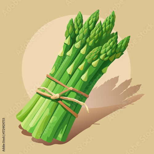 A neat bundle of fresh green asparagus spears tied with twine, lying on a light wooden background. Tips pointed upward, vibrant green, spring vegetable, healthy eating concept.