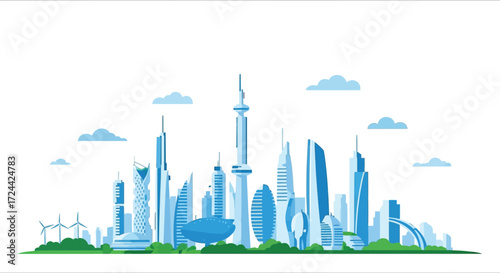 Futuristic city skyline with modern architecture, wind turbines, and green space evokes innovation and sustainability in a vibrant, urban environment