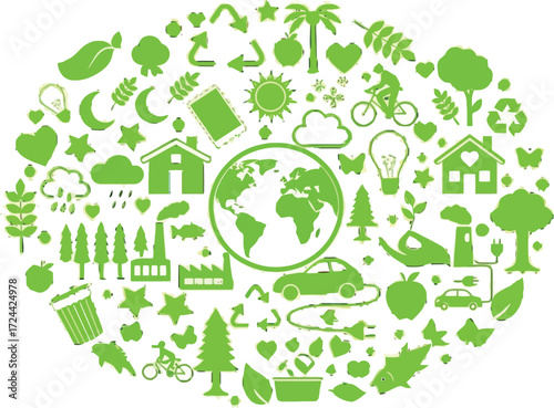 Sustainable living icons create a green planet, symbolizing eco-friendly choices and a brighter future for generations to come in a harmonious design