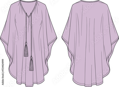 a purple kaftan blouse with a plunging V-neckline and decorative tassels, a stylish summer resort essential.