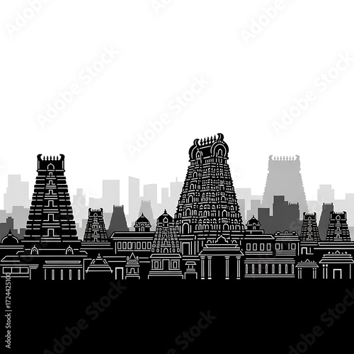 A detailed line art depiction of South Indian temples and cityscape.
