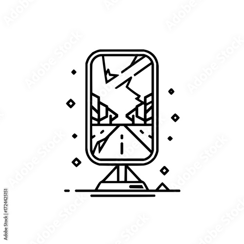 Broken car side mirror vector icon damaged auto glass accident repair service road reflection landscape 100